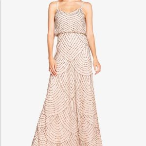 ADRIANNA PAPPELL ART DECO BEADED BLOUSON GOWN IN TAUPE PINK